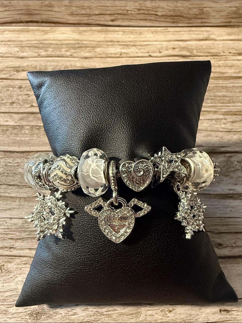 Silver Charm Bracelet with Heart and Snowflake Charms Stainless Steel